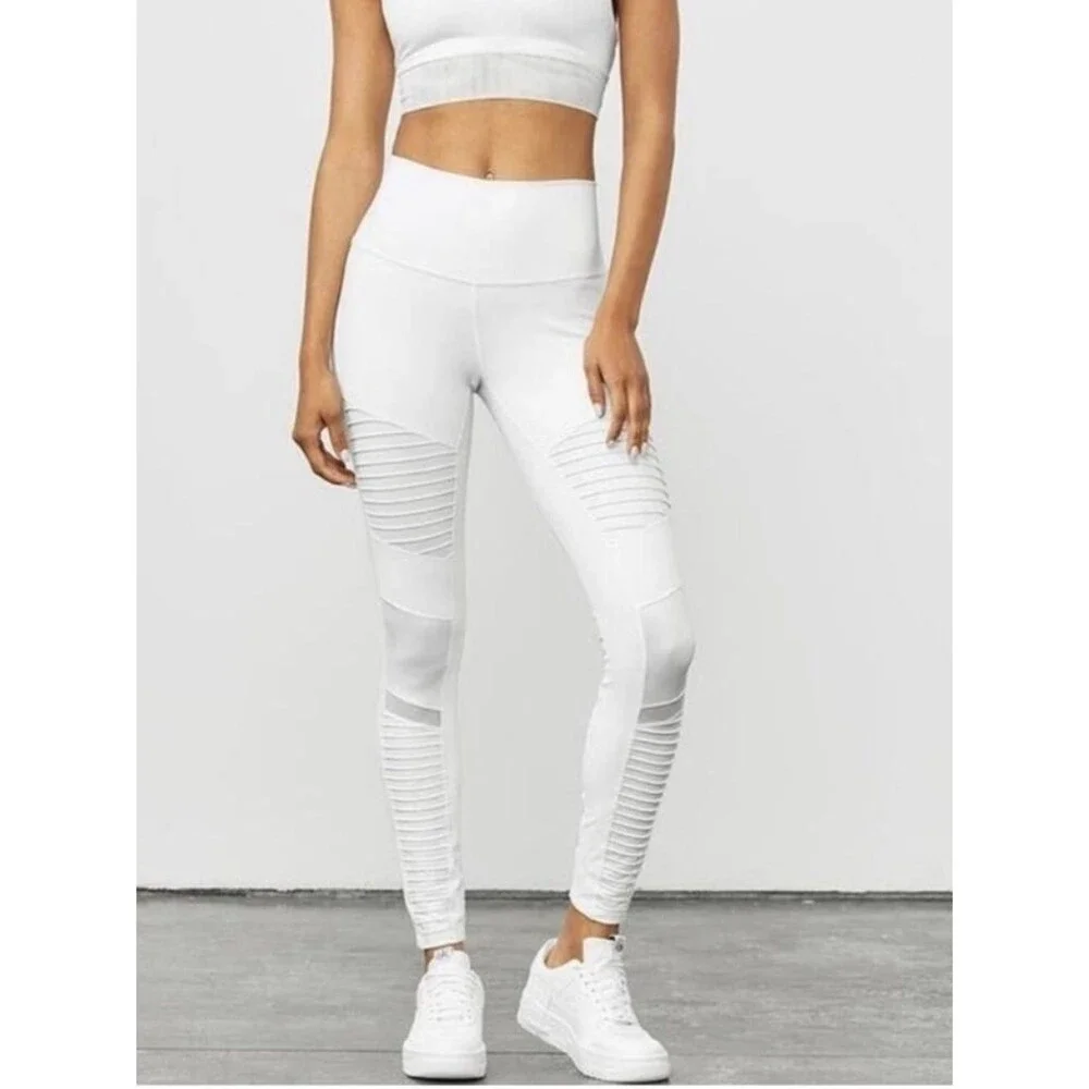 Alo moto leggings white high rise mesh panel size small yoga